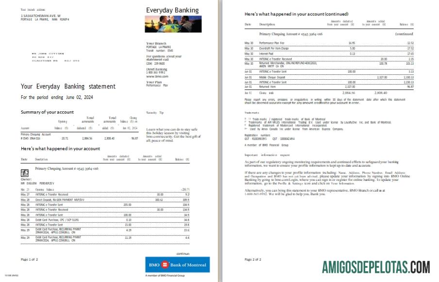 Modelo Scr de extrato bancário diário do Canadá BMO Bank